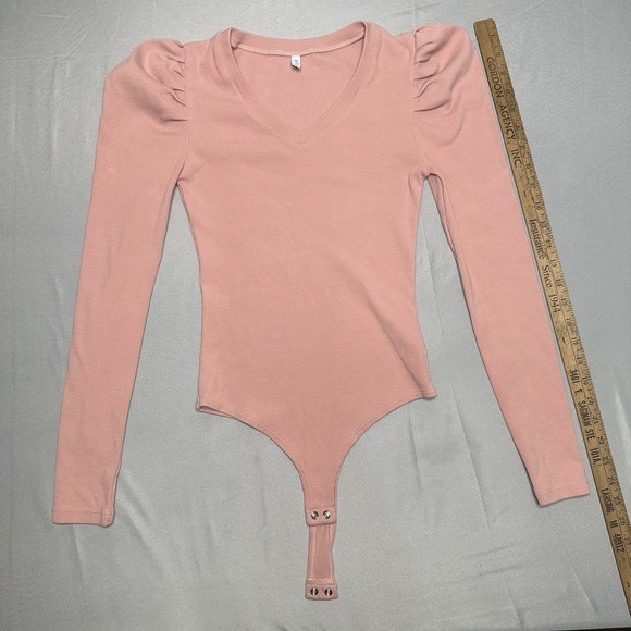 Reoria Dusty Rose Body Suit Small Leg O Mutton Sleeve Victorian Chic Ribbed Fem - Picture 3 of 10